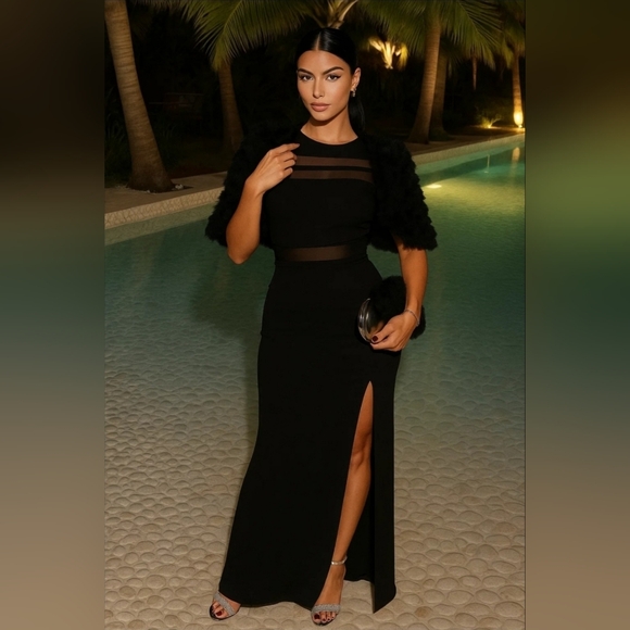 Formal Luxurious Long Black Mesh Dress Side Slit Size S - Picture 3 of 5